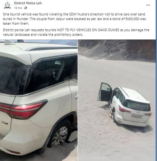 Ladakh Police Fines Jaipur-based Toyota Fortuner driver for off-roading in Nubra Valley
