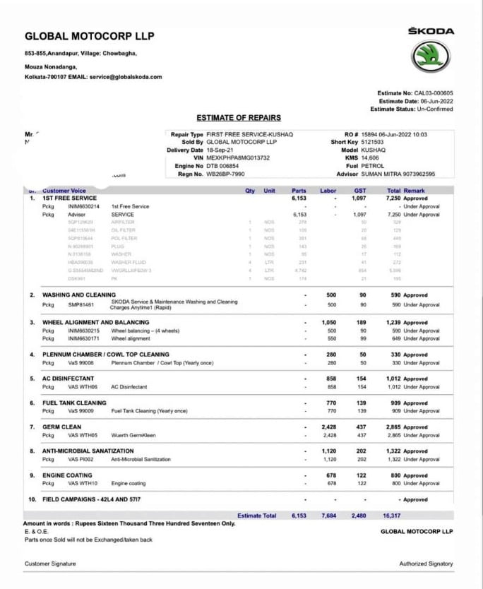 Service Estimate Skoda Kushaq