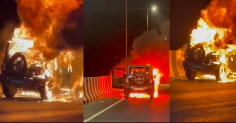mahindra thar catches fire while driving