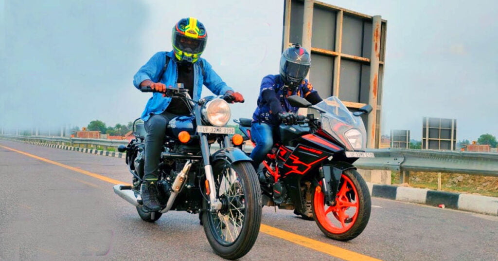 re bullet 350 vs ktm rc125 drag race video