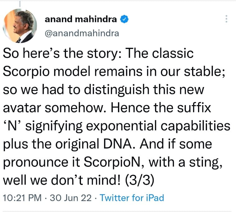 Anand Mahindra Calls ScorpioN With A Sting