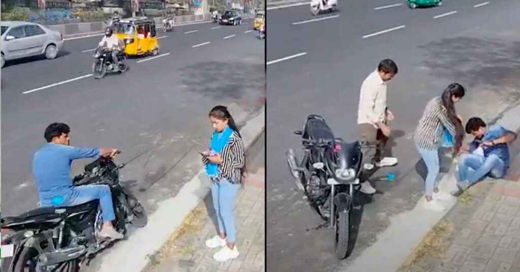 Girl Helps The Man Who Falls Off His Bajaj Pulsar