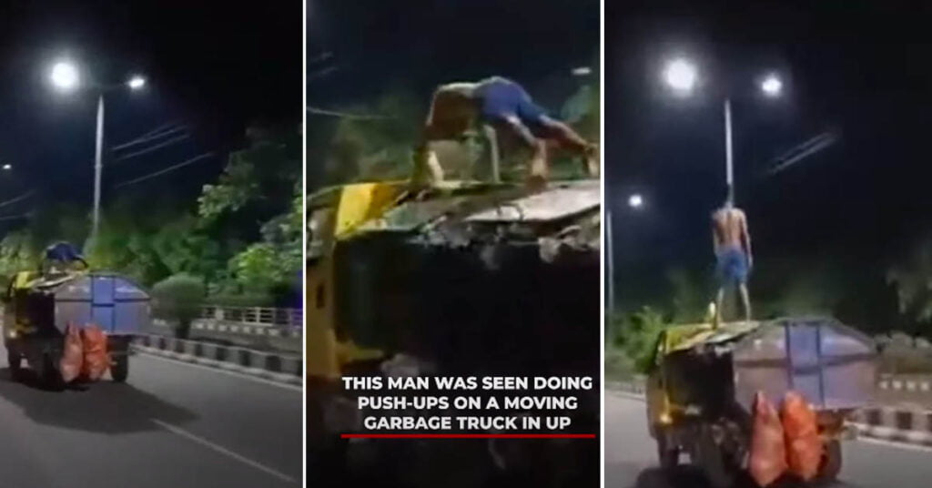 man pushups garbage truck