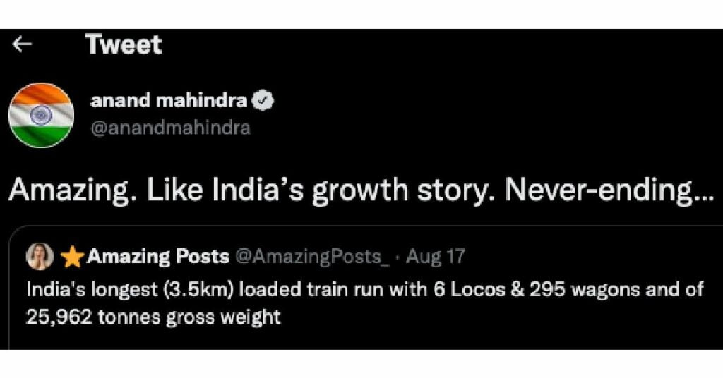 Ananda Mahindra' Reaction of India's Longest Loaded Train