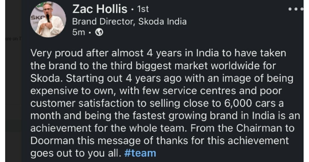 Zac Hollis Reacts to India Becoming the 3rd Largest Market for Skoda