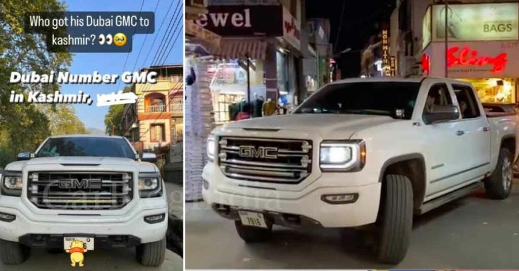 Dubai-registered GMC Sierra seen in kashmir