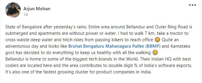 upGrad CEO Arjun Mohan tweets on Bangalore floods. 