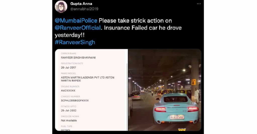 Ranveer Singh Allegedly Drives His Aston Martin Without Insurance