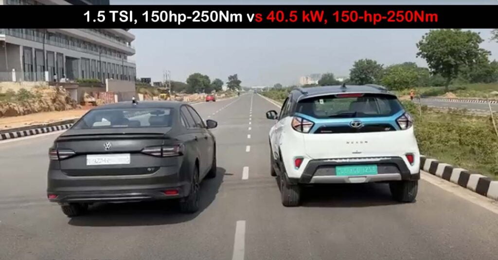 VW Virtus GT DSG vs Tata Nexon EV Max in a classic drag race.