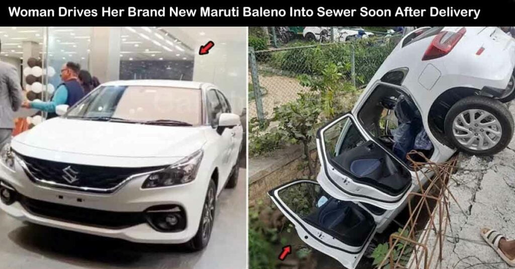 woman driver maruti baleno sewer