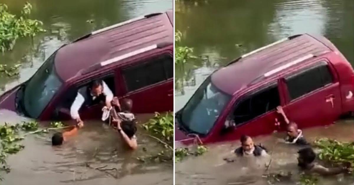 Overspeeding Maruti WagonR Falls Into A Sewer