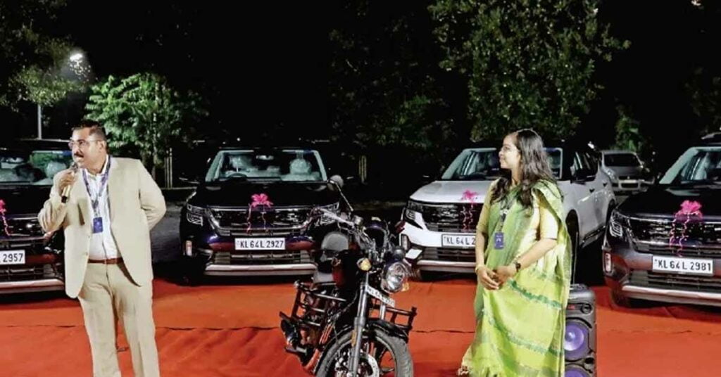 Royal Enfield motorcycles and Kia Seltos SUVs were presented to the top performers by an IT company based out of Kerala
