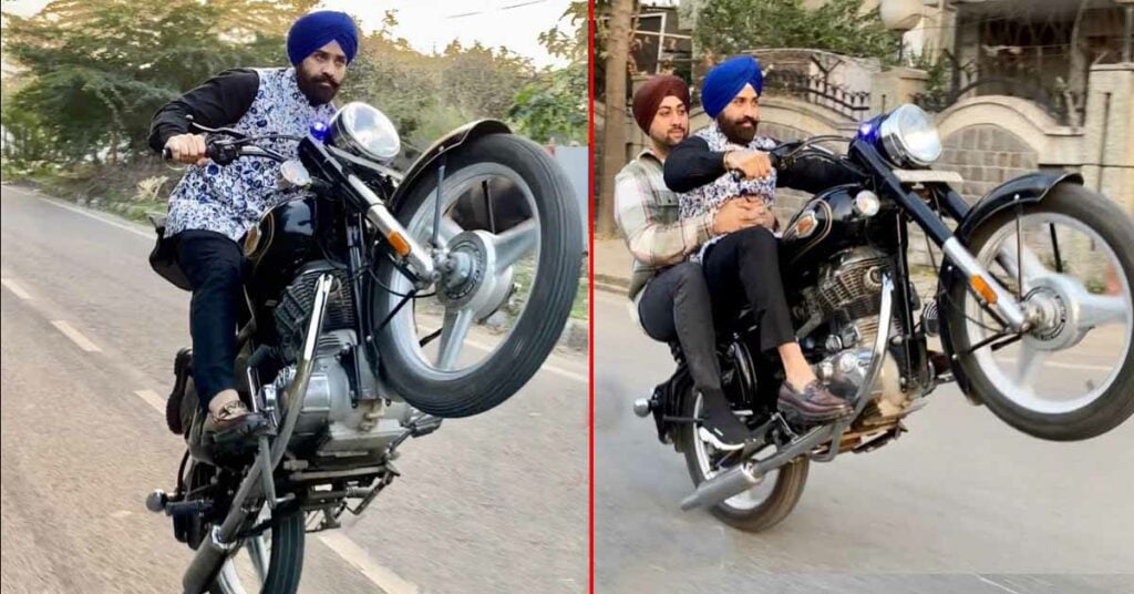 Sardarji pulling huge wheels on Royal Enfield Bullet on public roads