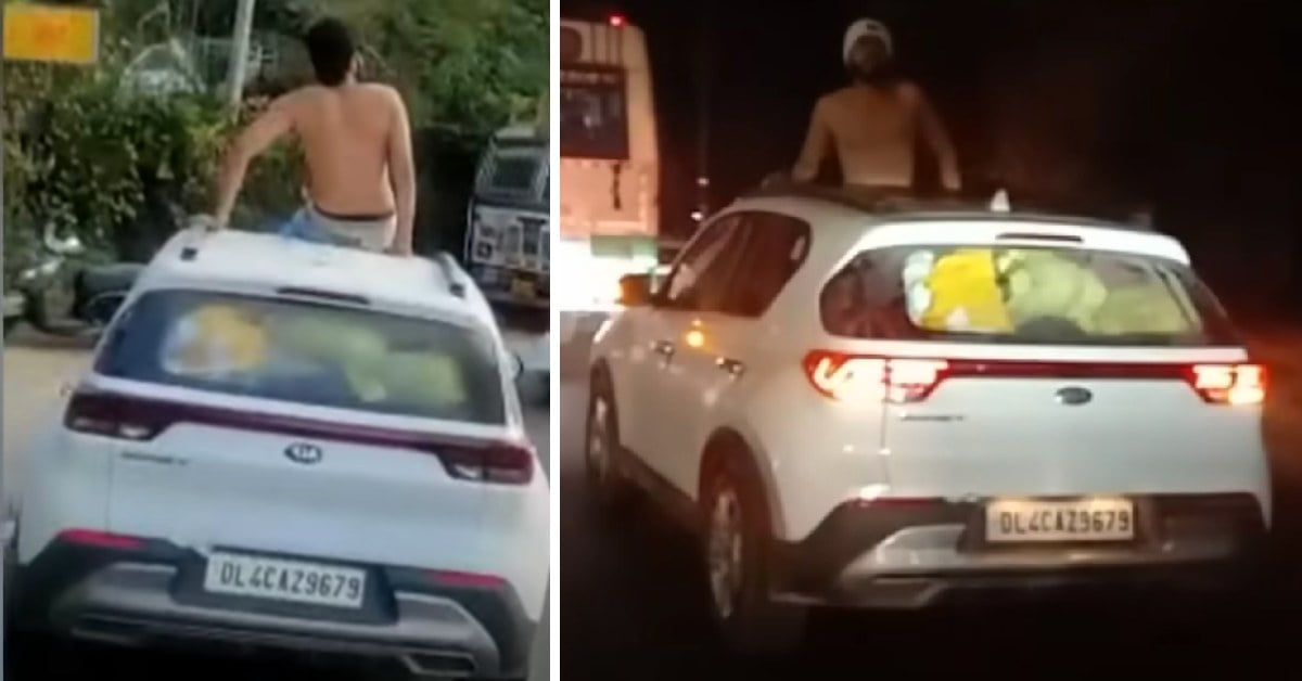 Man Dancing Shirtless Out of Kia Sonet's Sunroof
