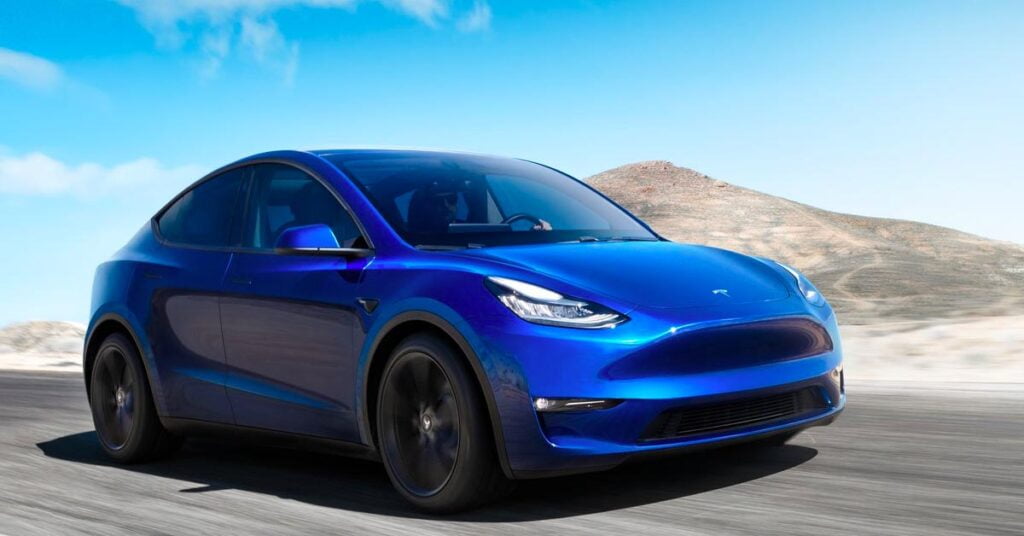 Tesla model y blue front three quarters