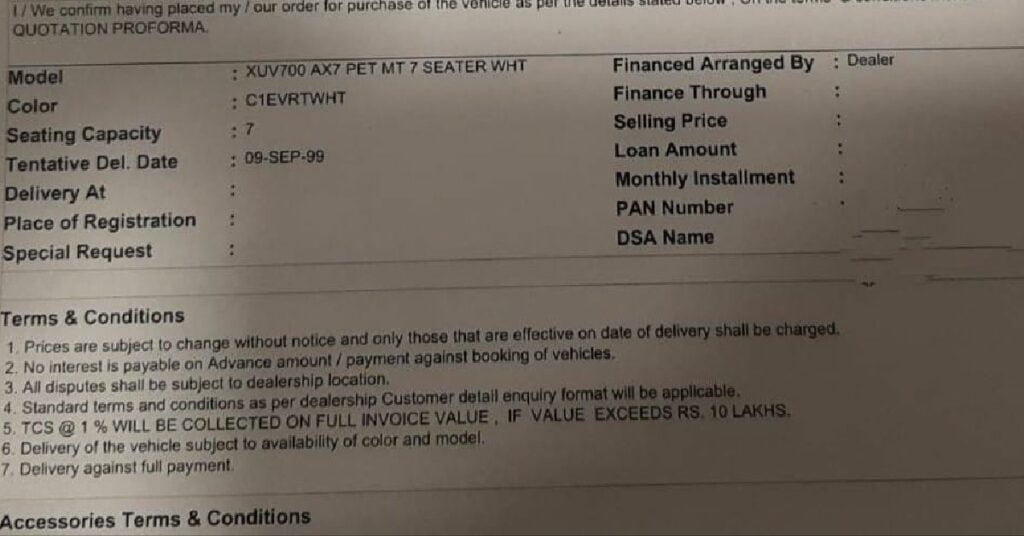 Booking Receipt of XUV700 Shows Delivery in 2099