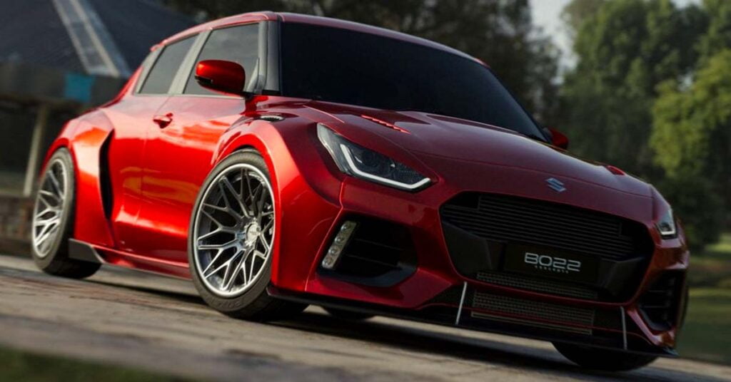 modified maruti swift widebody kit front three quarters