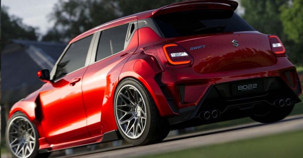 modified maruti swift widebody kit rear three quarters