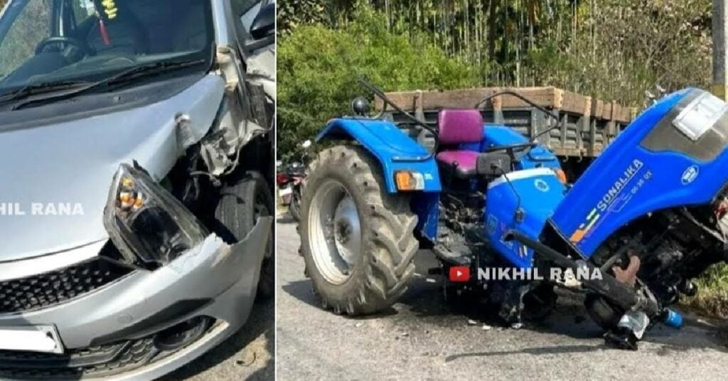 Tractor Breaks in Two After Hitting a Tata Tiago