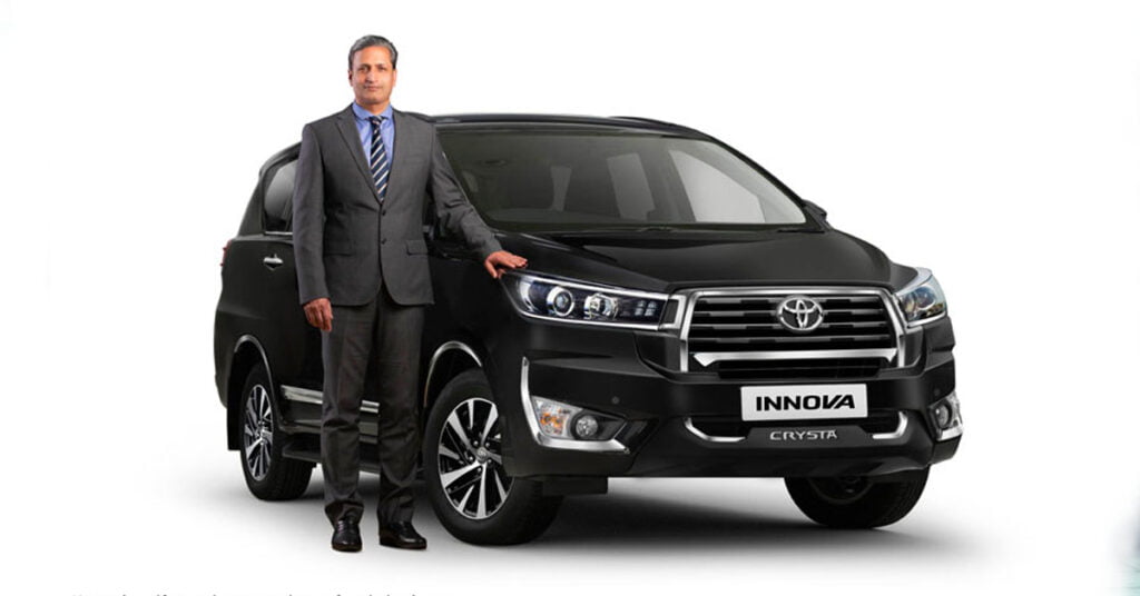 Mr Atul Sood, Associate Vice President, Sales and Strategic Marketing, TKM alongside the New Innova Crysta with an improved front facia