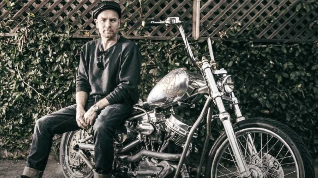 Ewan McGregor with his Indian Larry Chopper