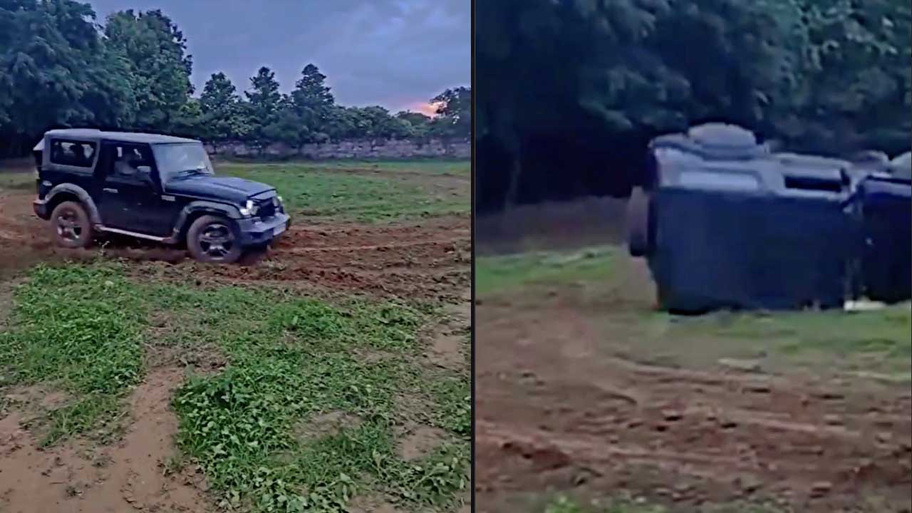 mahindra thar drifting topples over