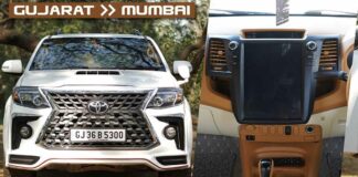 Old Toyota Fortuner with Lexus kit and large-size infotainment screen.