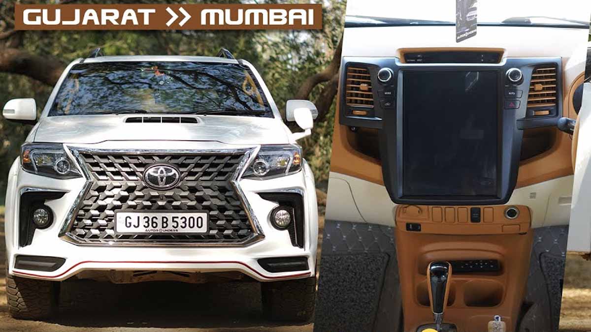 Old Toyota Fortuner with Lexus kit and large-size infotainment screen.