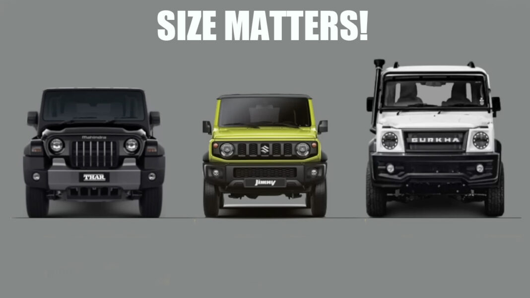 Maruti Jimny vs Mahindra Thar vs Force Gurkha Size Comparison VIDEO
