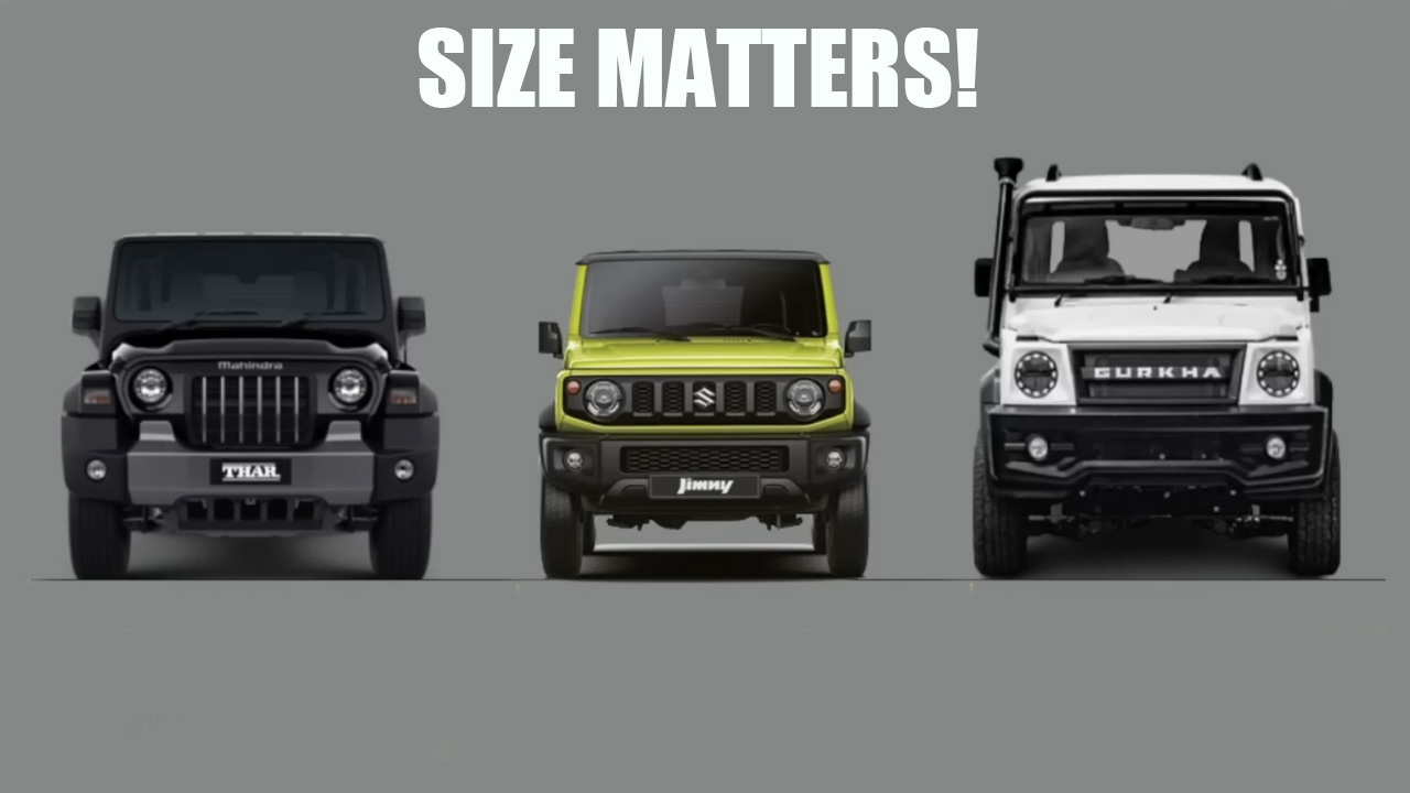 Maruti Jimny vs Mahindra Thar vs Force Gurkha Size Comparison