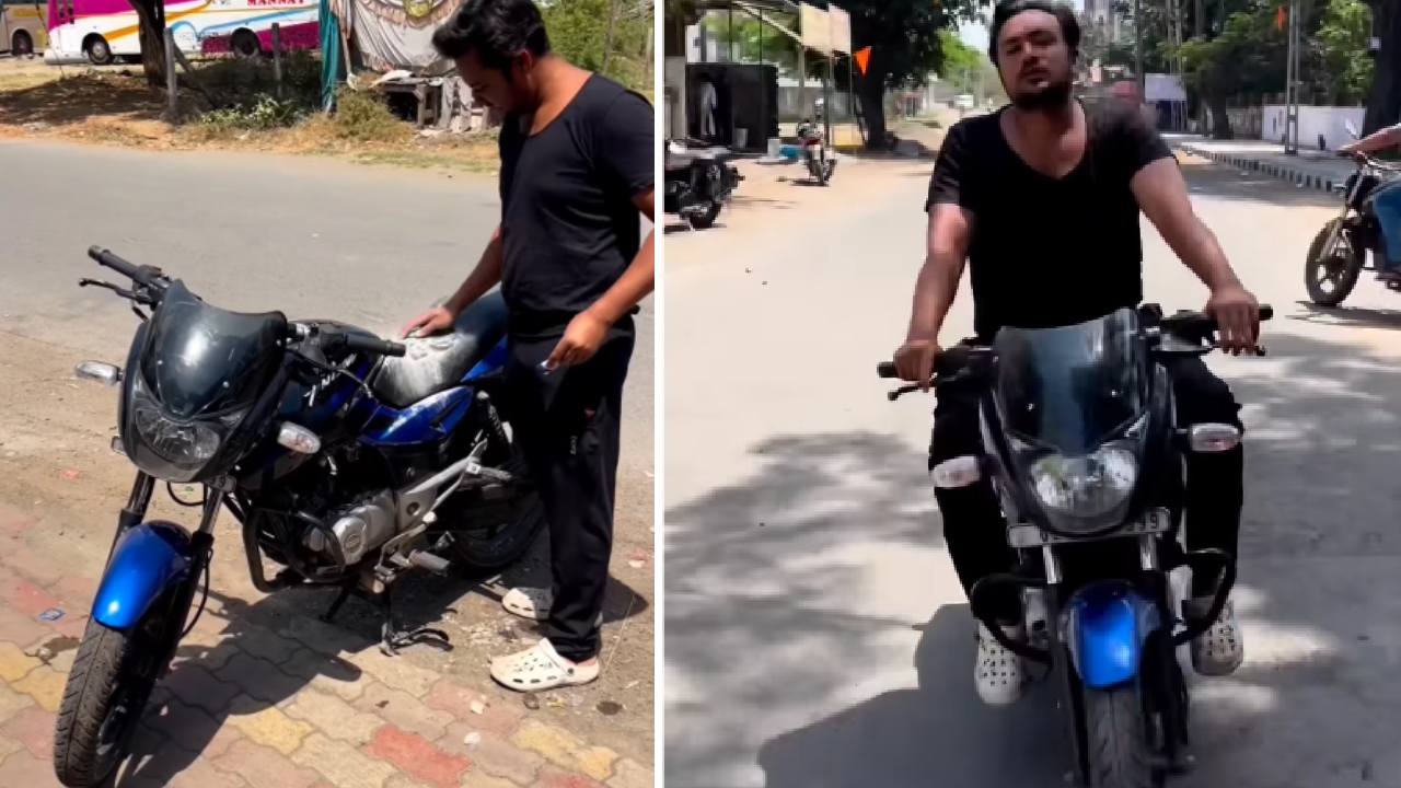 Man Sprays Powder on Bajaj Pulsar to Beat Heat
