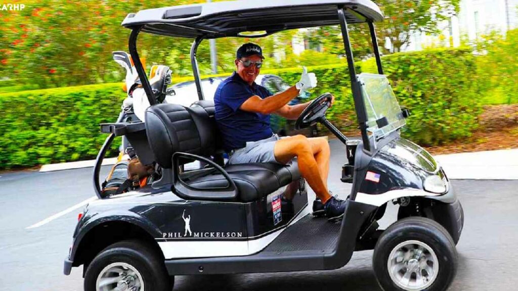 Phil Mickelson with his EV EZGO (Golf Cart)