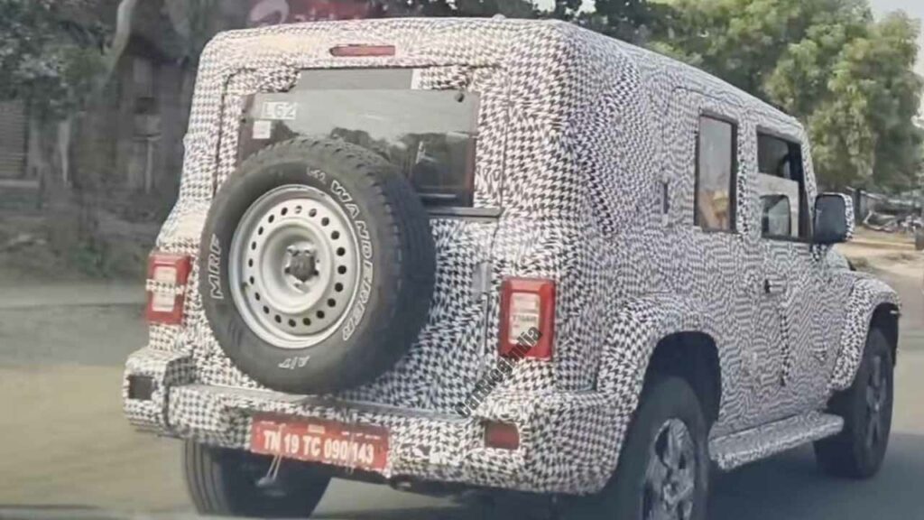 5-door mahindra thar spy image rear three quarters