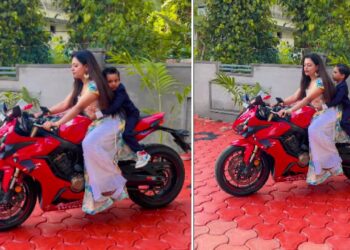 Mom and Kid Riding Superbike