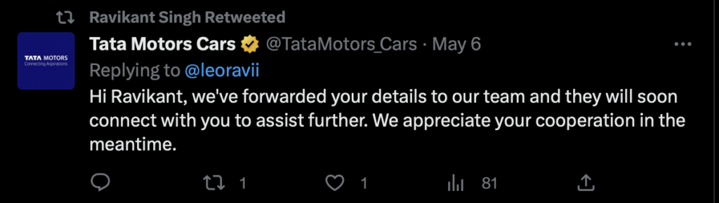 Tata Motors Tweet Assures Support