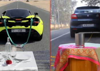 maruti baleno maclaren-720 s tablecloth pull stunt