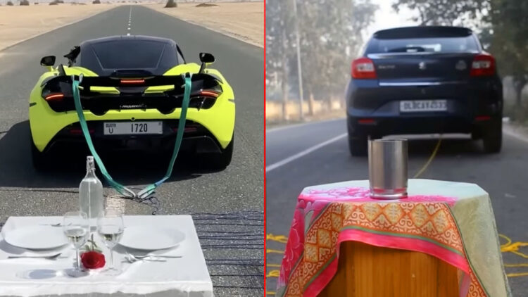 Maruti Baleno Maclaren 720 S Tablecloth Pull Stunt