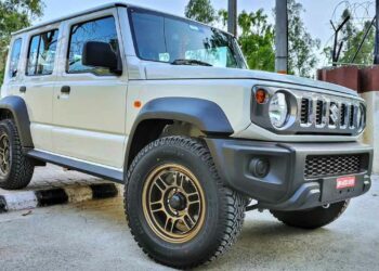 Maruti Jimny with 16-inch Enkei Alloys front three quarters