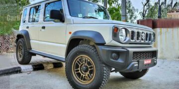 Maruti Jimny with 16-inch Enkei Alloys front three quarters