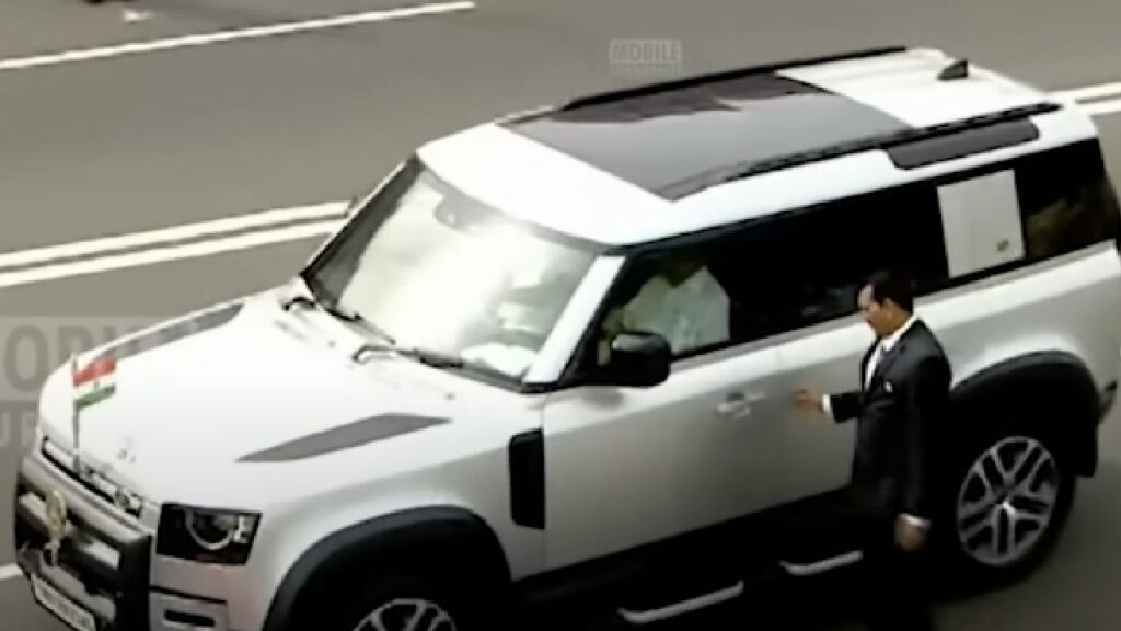 M K Stalin with his Land Rover Defender