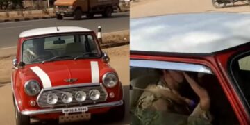 MS Dhoni seen in Vintage MINI Cooper