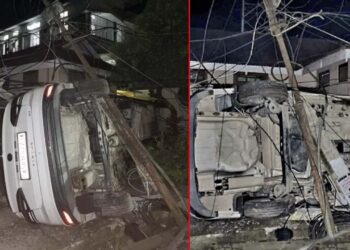 vw virtus hits electricity pole turns over