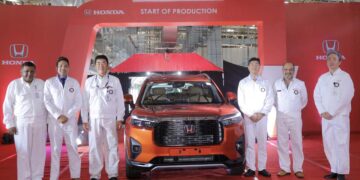 Mr. Takuya Tsumura, President and CEO Honda Cars India Ltd. with HCIL members during the Start of Production ceremony of Honda Elevate at Tapukara manufacturing plant in Rajasthan, India.