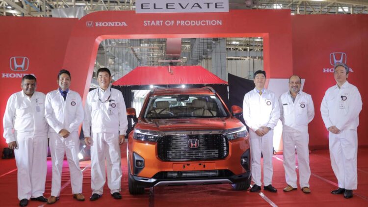 Mr Takuya Tsumura President and Ceo Honda Cars India Ltd with Hcil Members During the Start of Production Ceremony of Honda Elevate at Tapukara Manufacturing Plant in Rajasthan India