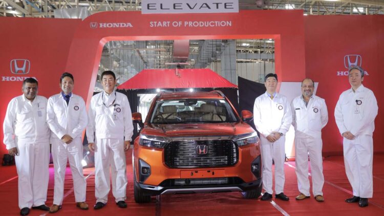 Mr. Takuya Tsumura, President and CEO Honda Cars India Ltd. with HCIL members during the Start of Production ceremony of Honda Elevate at Tapukara manufacturing plant in Rajasthan, India.
