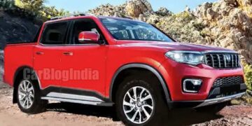 mahindra scorpio n pik-up front three quarters red rendering