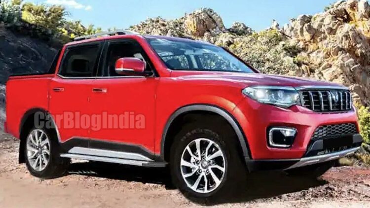 mahindra scorpio n pik-up front three quarters red rendering