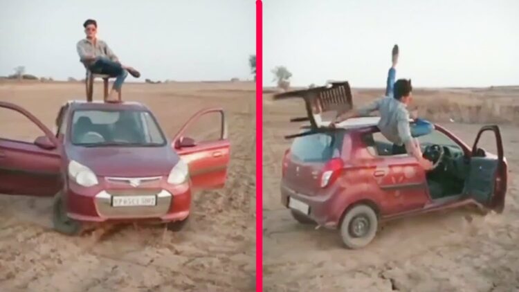 Man Sits on Roof of Moving Maruti Alto