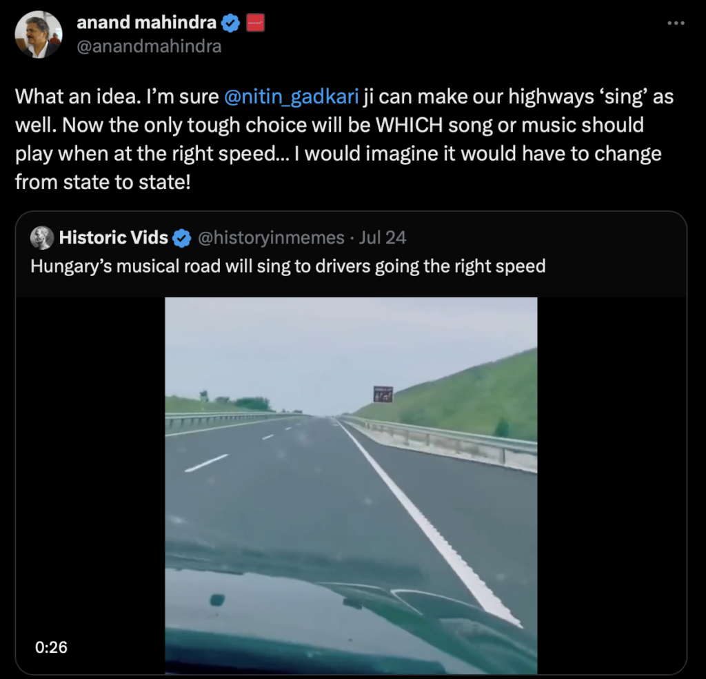 nitin gadkari anand mahindra hungary singhing roads Tweet