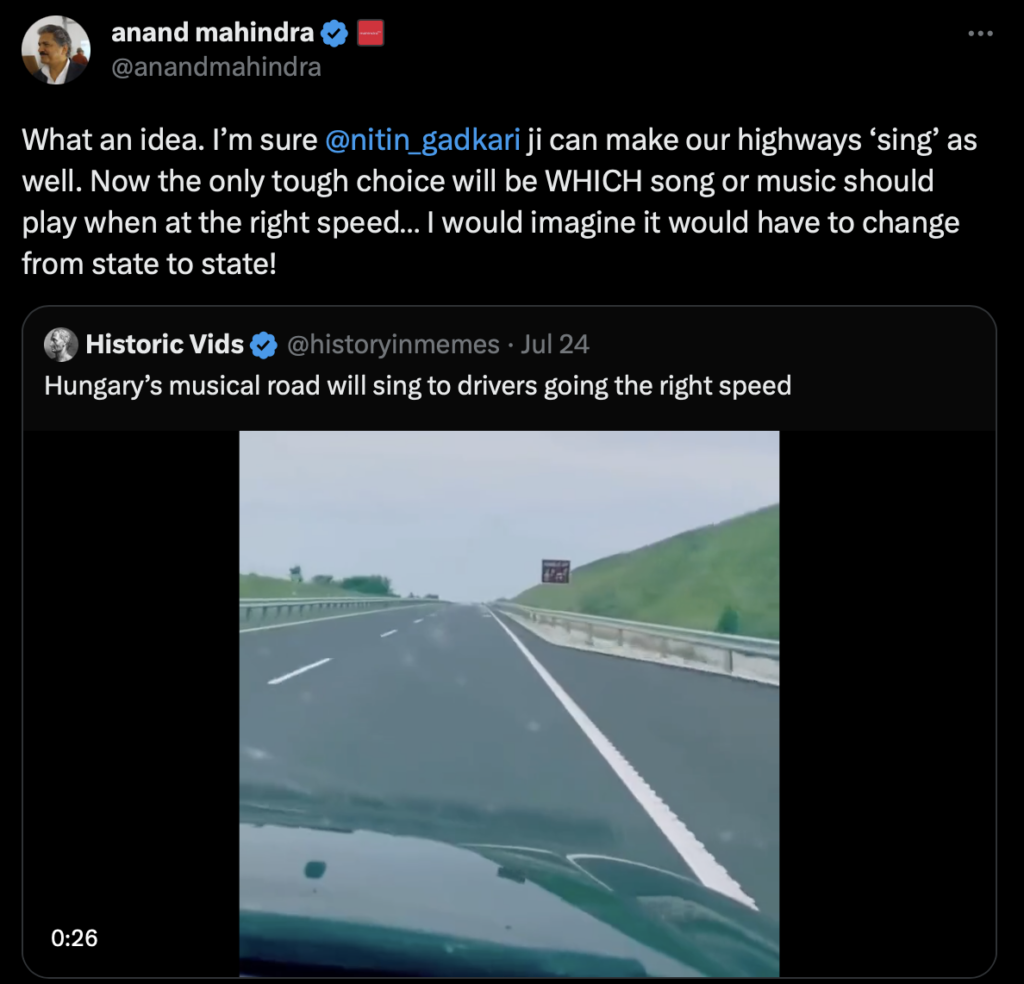 Nitin Gadkari Anand Mahindra Hungary Singhing Roads Tweet